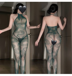 FEE ET MOI - Sheer Snake-Pattern Jacquard Bodystocking (Green)